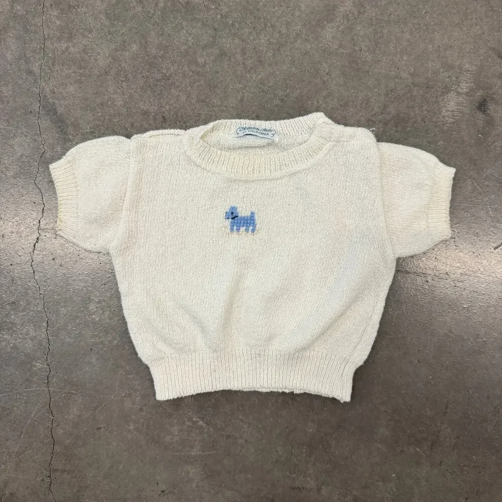 Vintage Y2k 90's Knit Cream Dog Embroidered Coastal Baby Youth Tee 12M